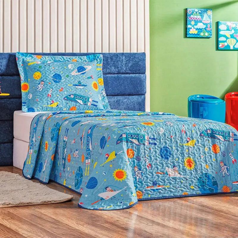 Colcha Cobre Leito Solteiro Infantil Tecido Dupla Face - Menino